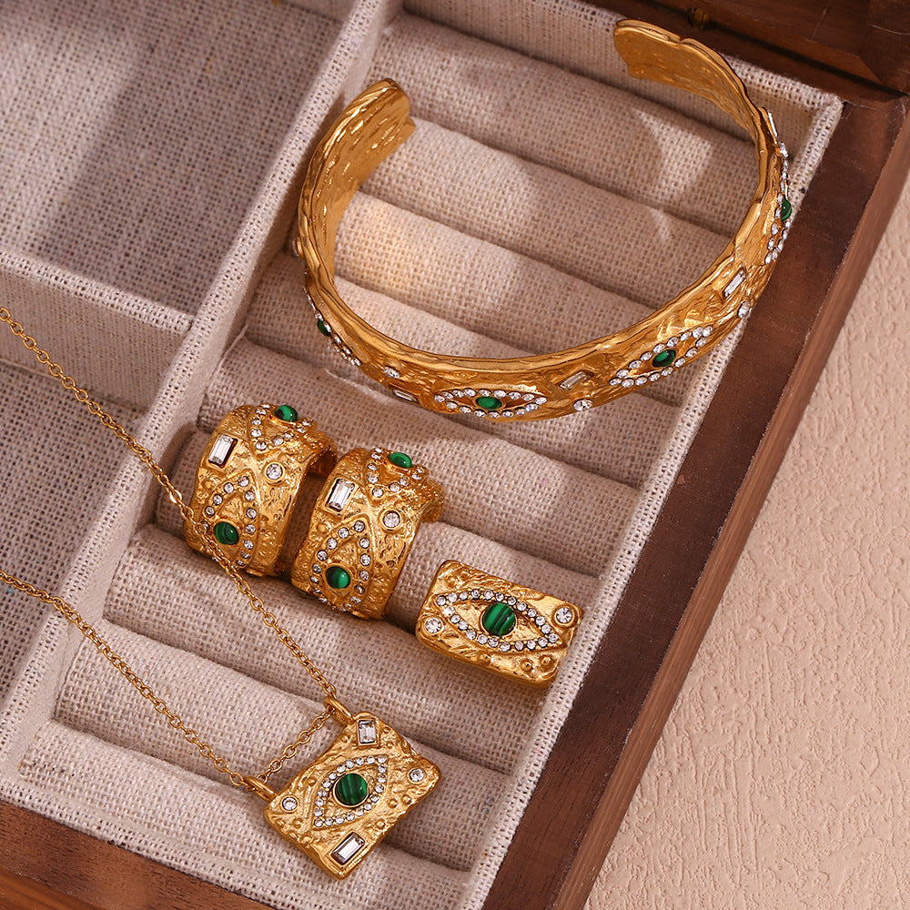 Fashionable luxury peacock stone eyes zircon pendant necklace titanium steel gold-plated jewelry set jewelry for women