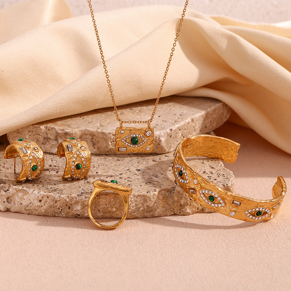 Fashionable luxury peacock stone eyes zircon pendant necklace titanium steel gold-plated jewelry set jewelry for women
