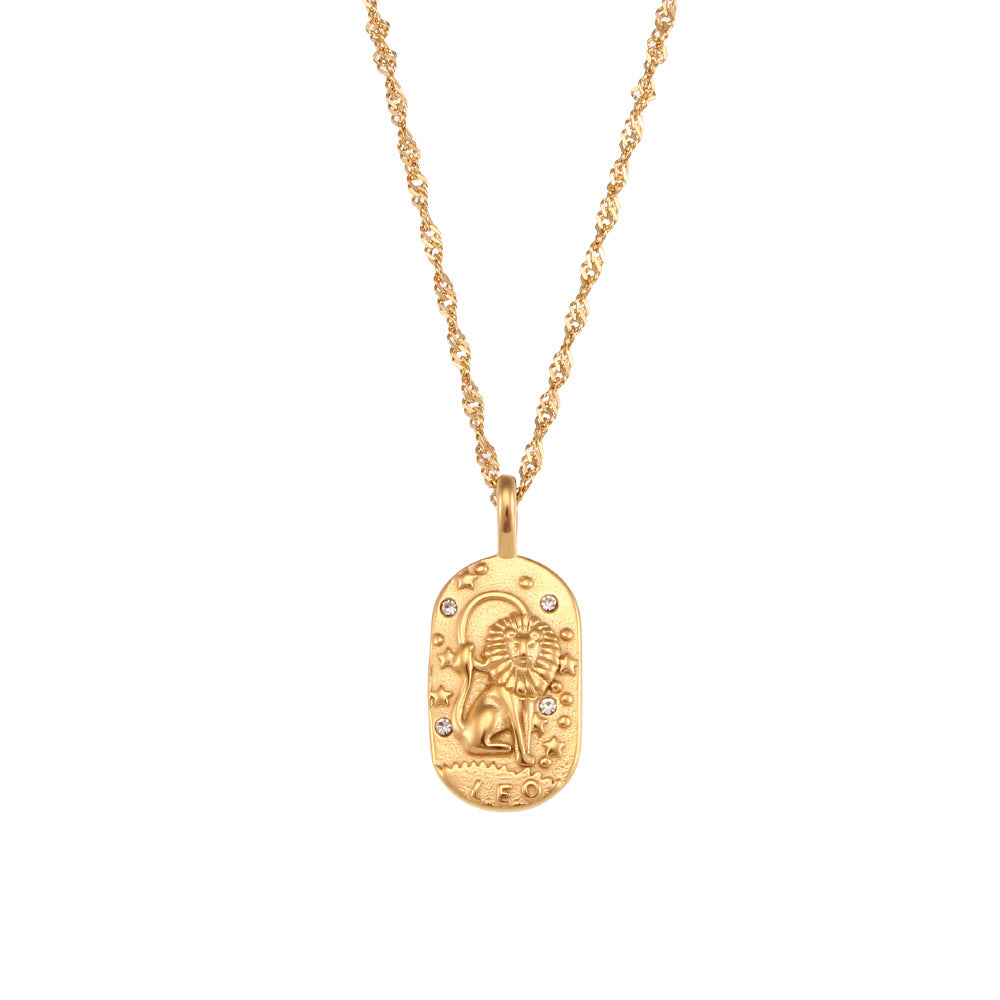 Fashionable, minimalist, niche, retro pendant jewelry, stainless steel casting, oval brand, zircon constellation necklace