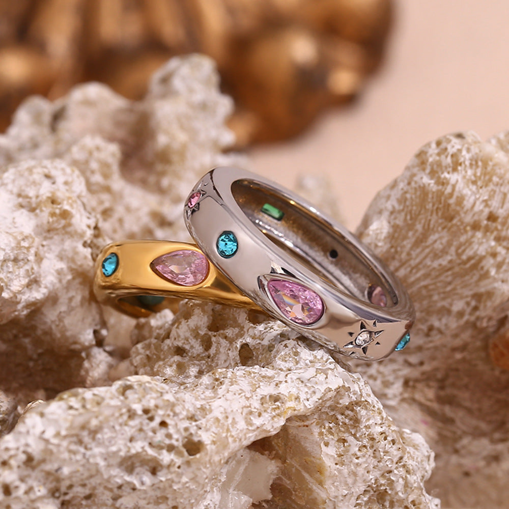 European and American niche retro handmade stainless steel plated 18K gold rectangular droplet geometric colored zircon ring for women