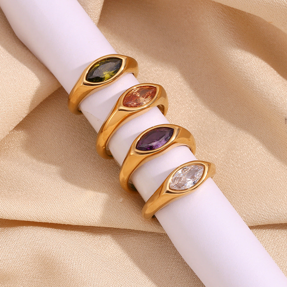 Simple and versatile fashionable diamond studded jewelry 316L stainless steel plated 18K horse eye zircon seal ring