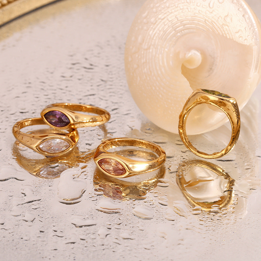 Simple and versatile fashionable diamond studded jewelry 316L stainless steel plated 18K horse eye zircon seal ring