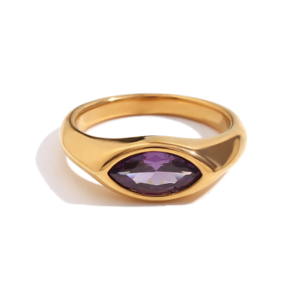 Simple and versatile fashionable diamond studded jewelry 316L stainless steel plated 18K horse eye zircon seal ring