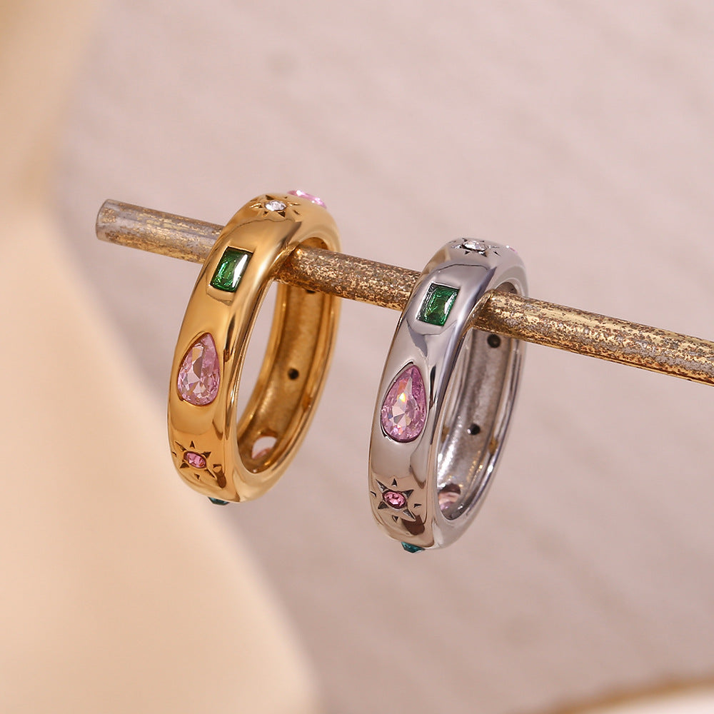 European and American niche retro handmade stainless steel plated 18K gold rectangular droplet geometric colored zircon ring for women