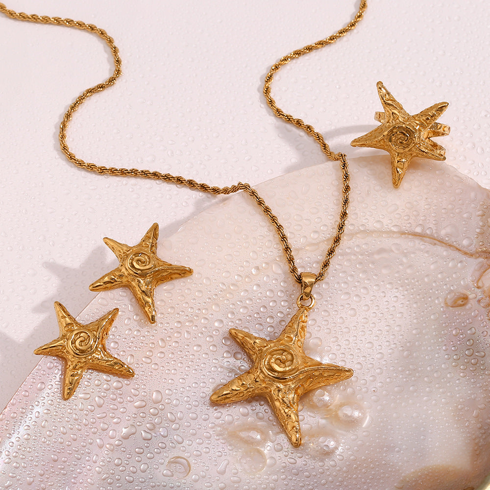 European and American temperament, personality, retro hammer pattern earrings, stainless steel plated 18K gold starfish Fried Dough Twists chain necklace