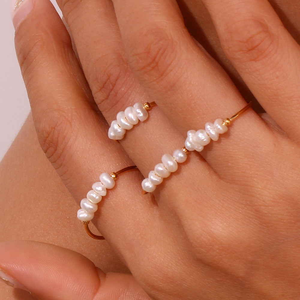 Fashion temperament niche light luxury explosive ring jewelry stainless steel plated 18K fine freshwater pearl ring