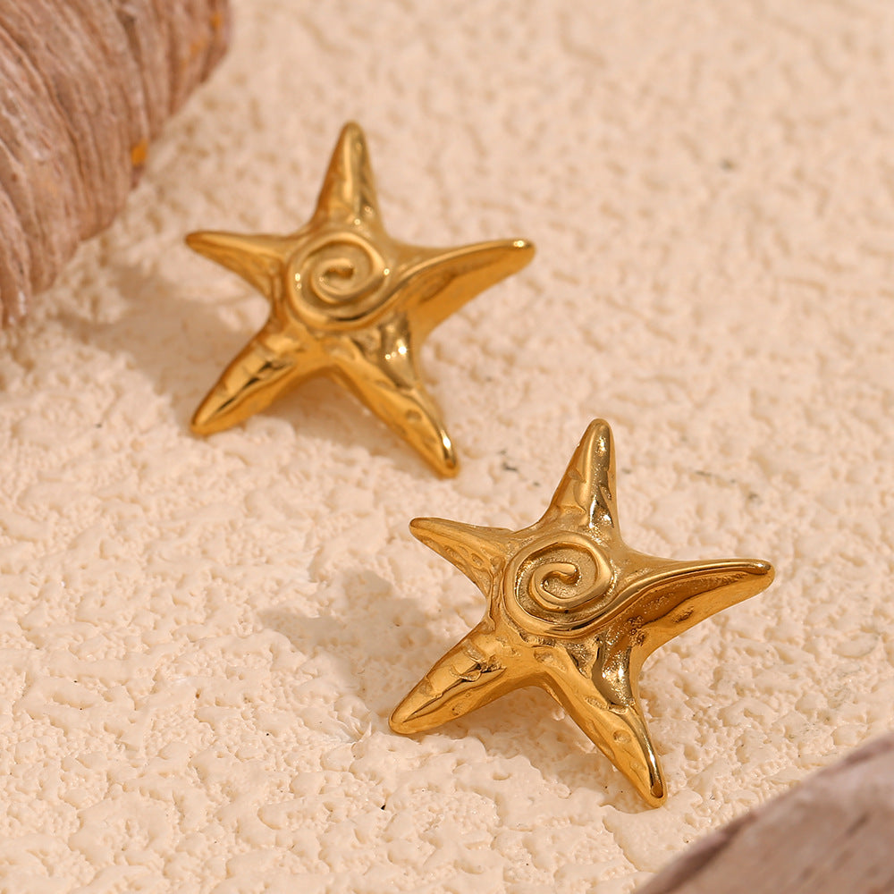 European and American temperament, personality, retro hammer pattern earrings, stainless steel plated 18K gold starfish Fried Dough Twists chain necklace