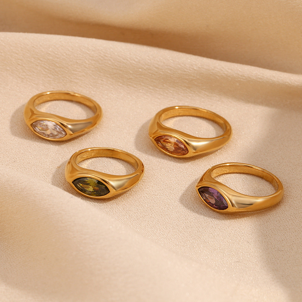 Simple and versatile fashionable diamond studded jewelry 316L stainless steel plated 18K horse eye zircon seal ring