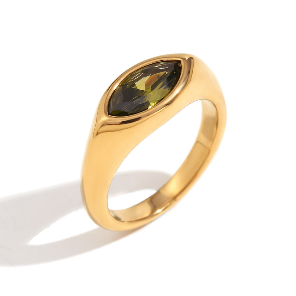 Simple and versatile fashionable diamond studded jewelry 316L stainless steel plated 18K horse eye zircon seal ring