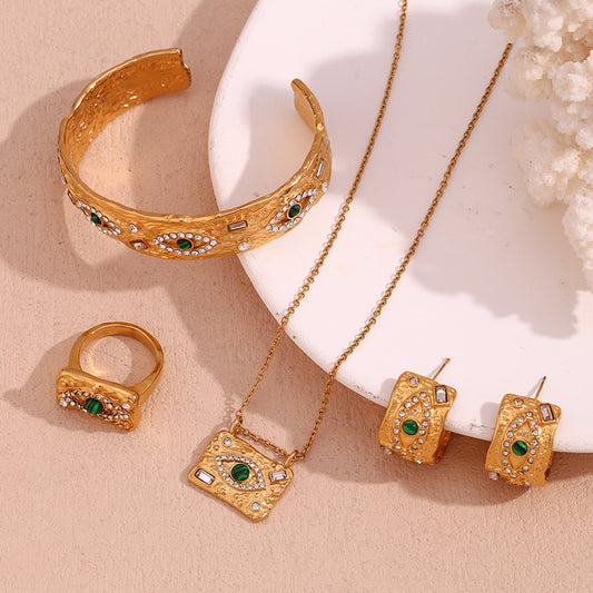 Fashionable luxury peacock stone eyes zircon pendant necklace titanium steel gold-plated jewelry set jewelry for women