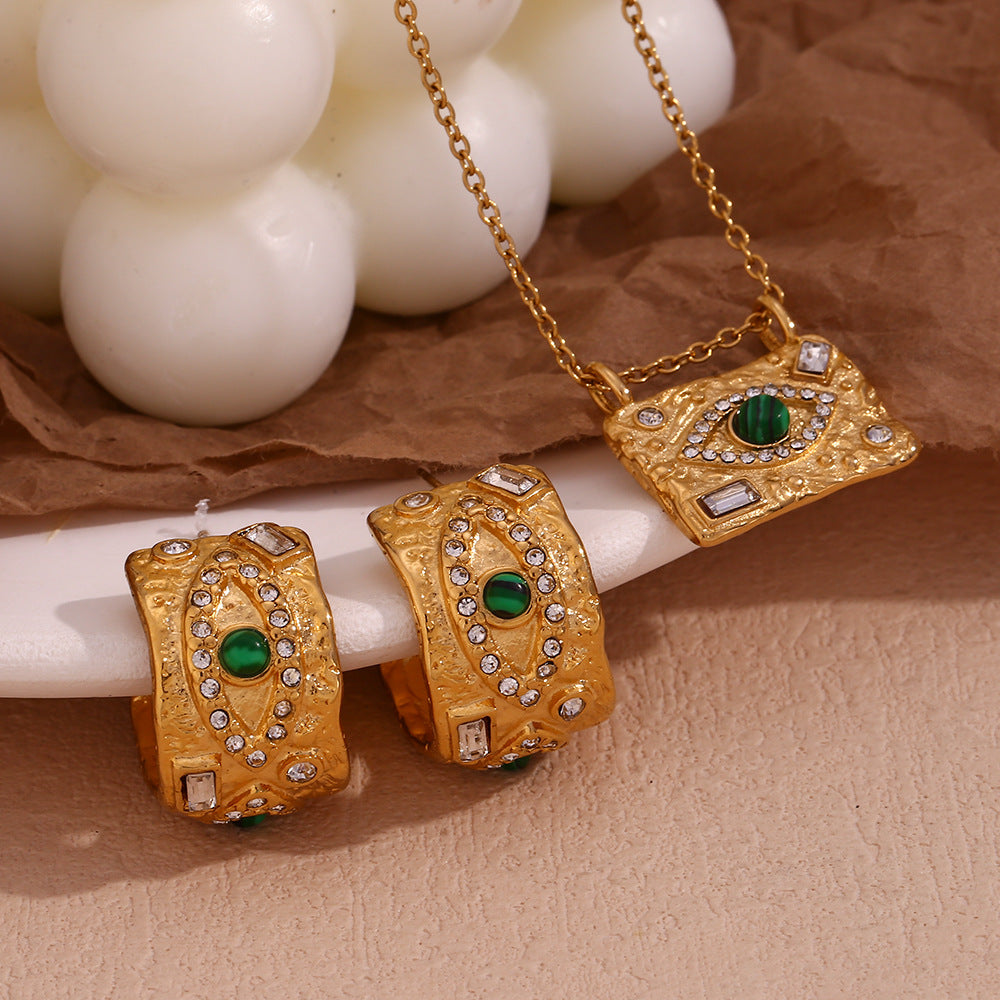 Fashionable luxury peacock stone eyes zircon pendant necklace titanium steel gold-plated jewelry set jewelry for women