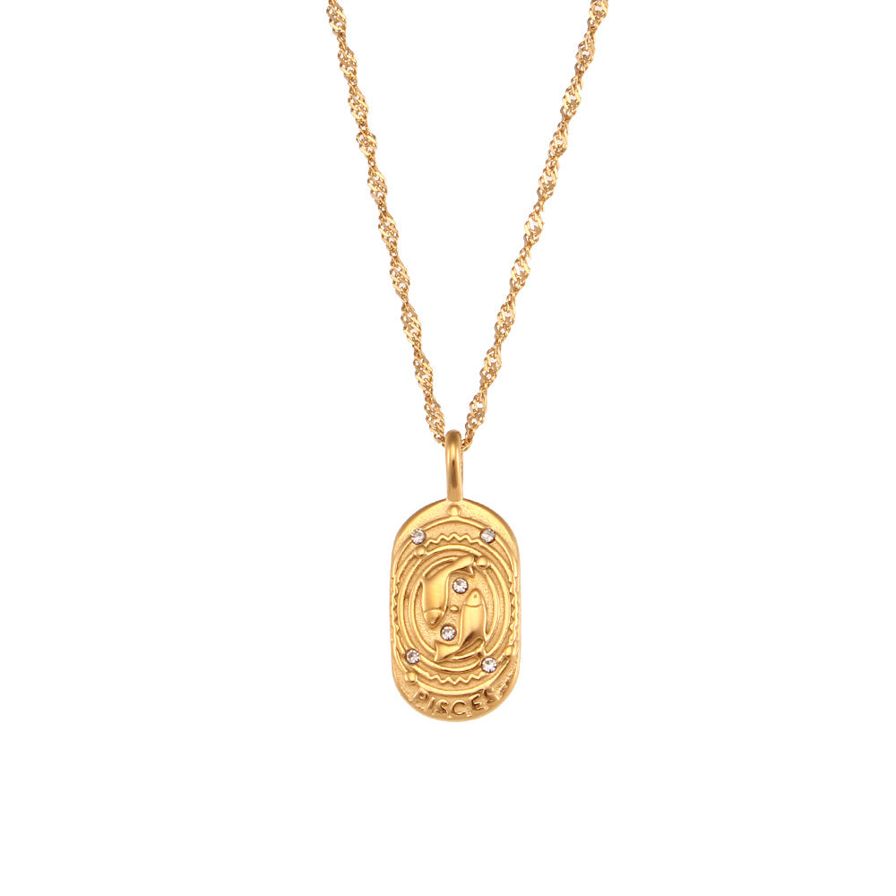 Fashionable, minimalist, niche, retro pendant jewelry, stainless steel casting, oval brand, zircon constellation necklace