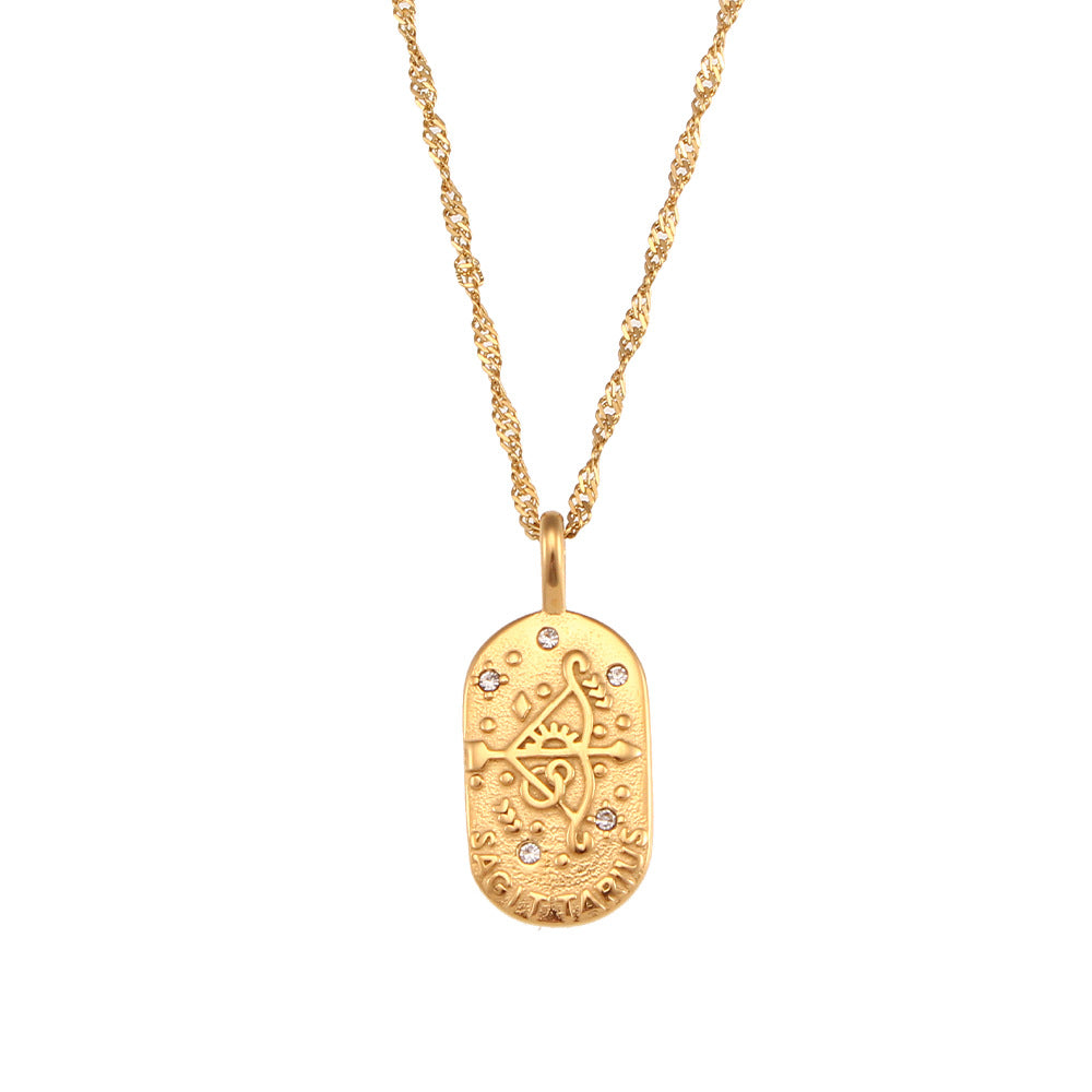 Fashionable, minimalist, niche, retro pendant jewelry, stainless steel casting, oval brand, zircon constellation necklace