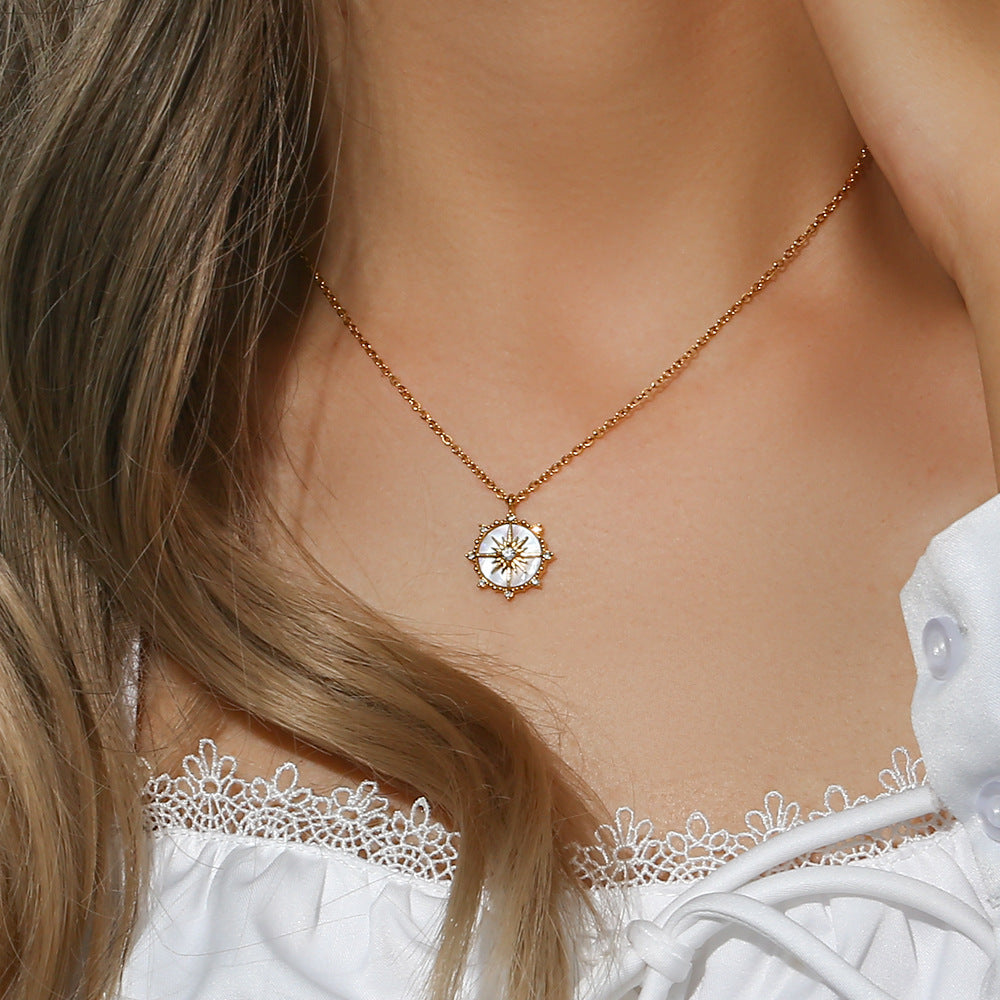 Fashionable and popular niche design pendant jewelry lucky wheel eight pointed star shell pendant necklace for women