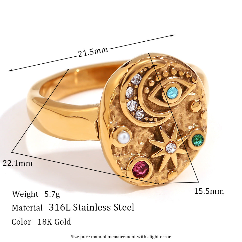 European and American niche personality explosive earring ring set stainless steel plated 18K gold micro inlaid star moon circular necklace for women