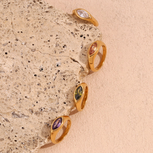 Simple and versatile fashionable diamond studded jewelry 316L stainless steel plated 18K horse eye zircon seal ring