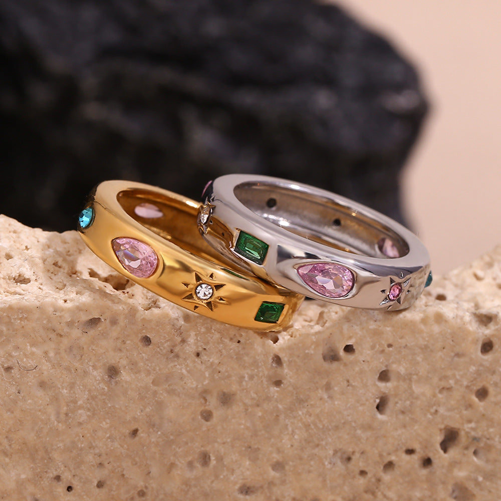 European and American niche retro handmade stainless steel plated 18K gold rectangular droplet geometric colored zircon ring for women