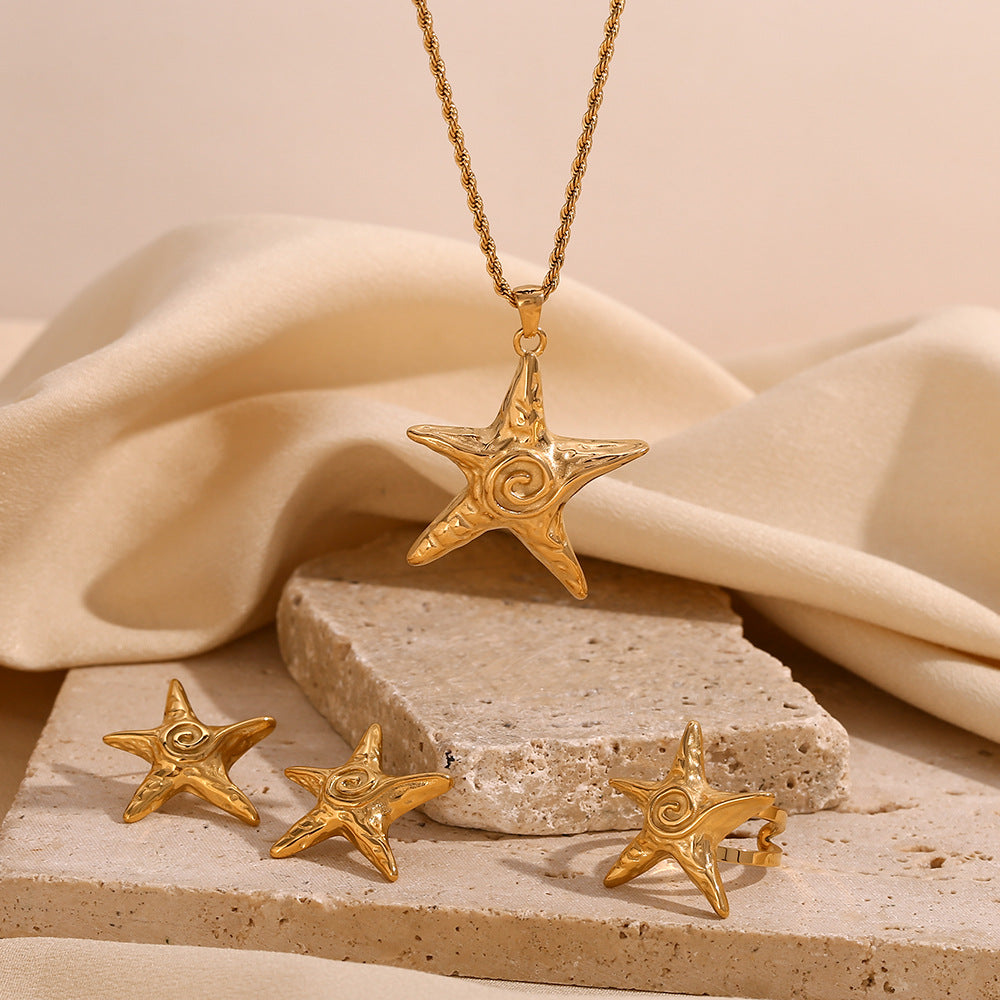 European and American temperament, personality, retro hammer pattern earrings, stainless steel plated 18K gold starfish Fried Dough Twists chain necklace