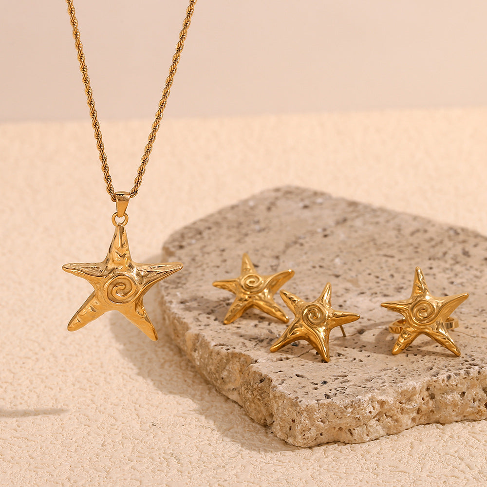 European and American temperament, personality, retro hammer pattern earrings, stainless steel plated 18K gold starfish Fried Dough Twists chain necklace