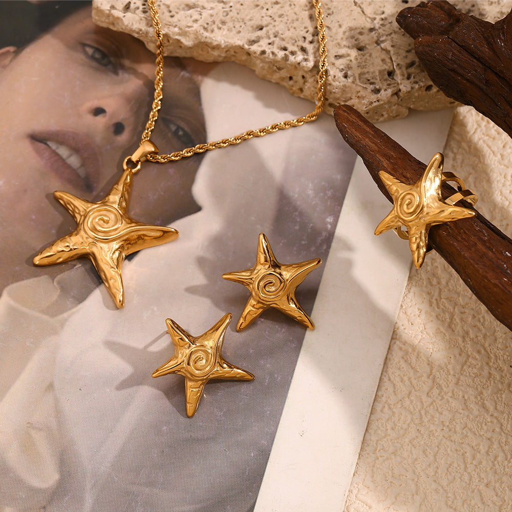 European and American temperament, personality, retro hammer pattern earrings, stainless steel plated 18K gold starfish Fried Dough Twists chain necklace