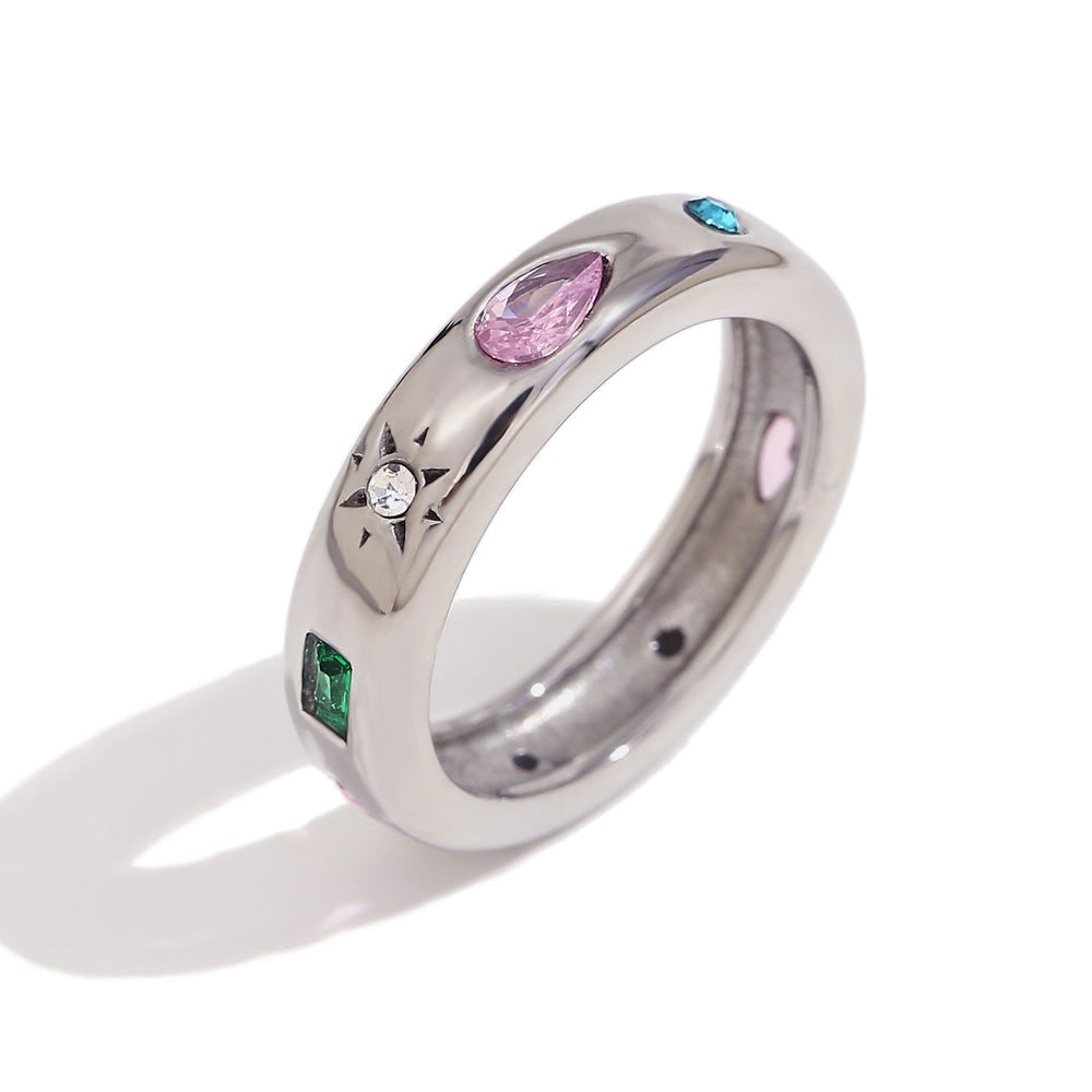 European and American niche retro handmade stainless steel plated 18K gold rectangular droplet geometric colored zircon ring for women