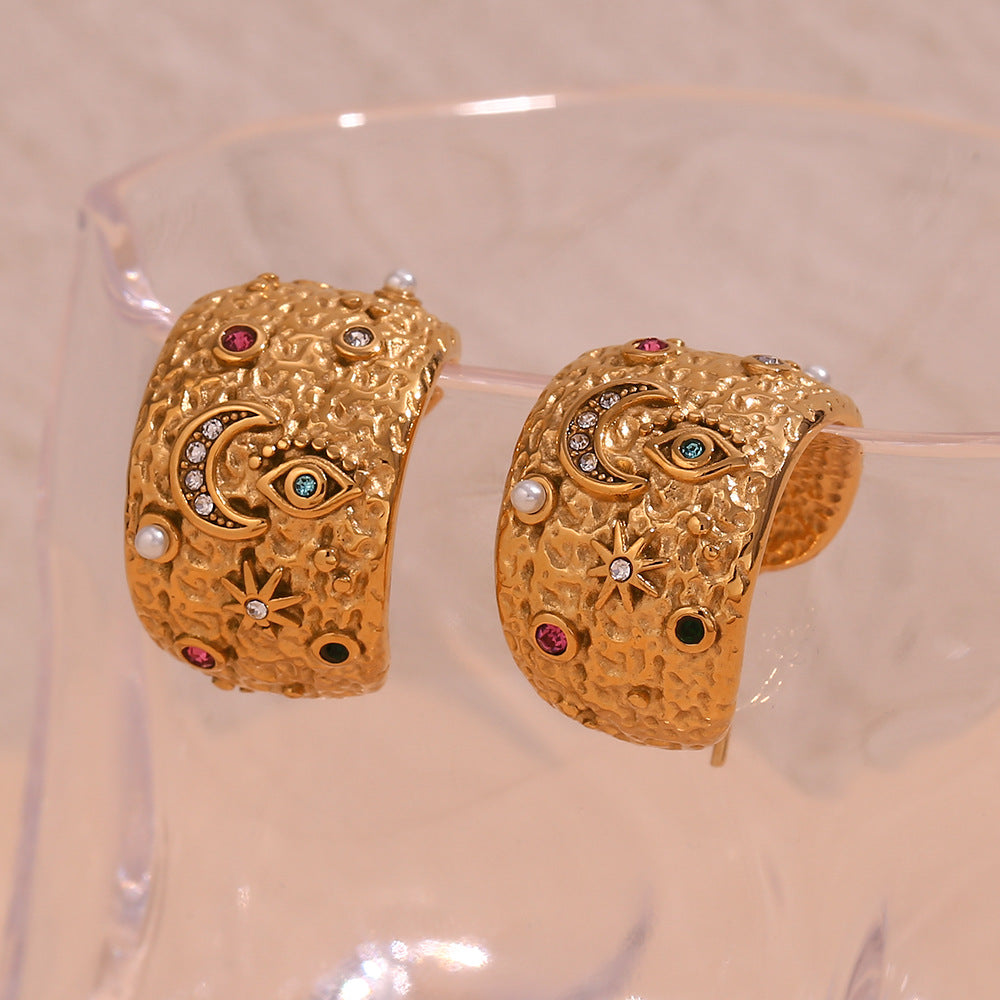 European and American niche personality explosive earring ring set stainless steel plated 18K gold micro inlaid star moon circular necklace for women