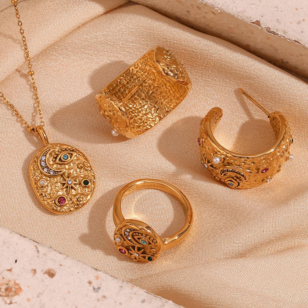 European and American niche personality explosive earring ring set stainless steel plated 18K gold micro inlaid star moon circular necklace for women