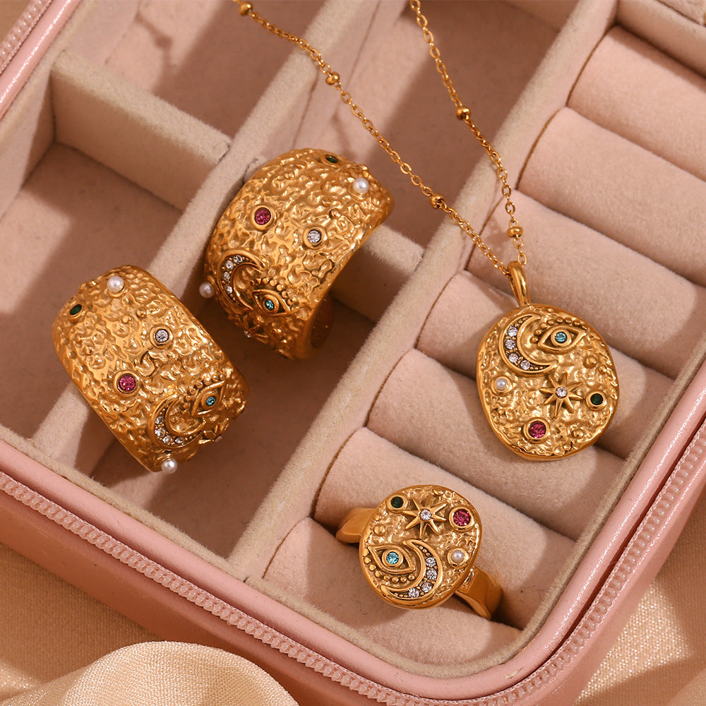 European and American niche personality explosive earring ring set stainless steel plated 18K gold micro inlaid star moon circular necklace for women