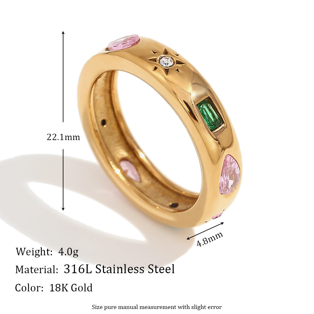 European and American niche retro handmade stainless steel plated 18K gold rectangular droplet geometric colored zircon ring for women