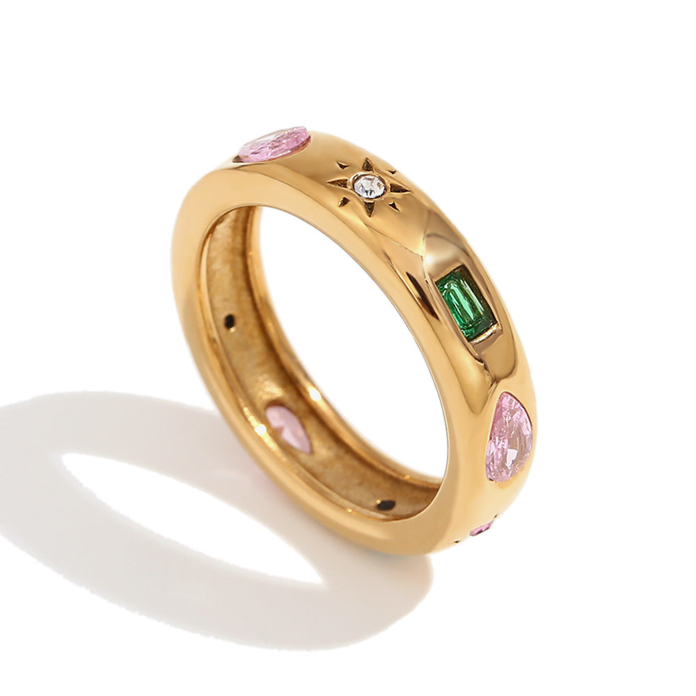 European and American niche retro handmade stainless steel plated 18K gold rectangular droplet geometric colored zircon ring for women