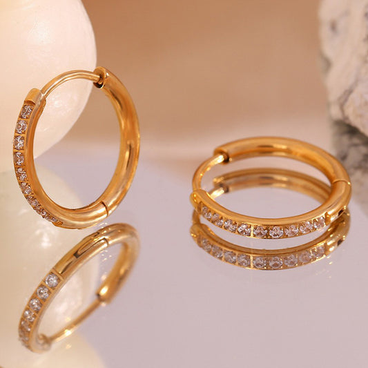 Fashionable titanium steel earrings and accessories for female niche, light luxury design, rounded edges, zircon ear buckles, ear rings