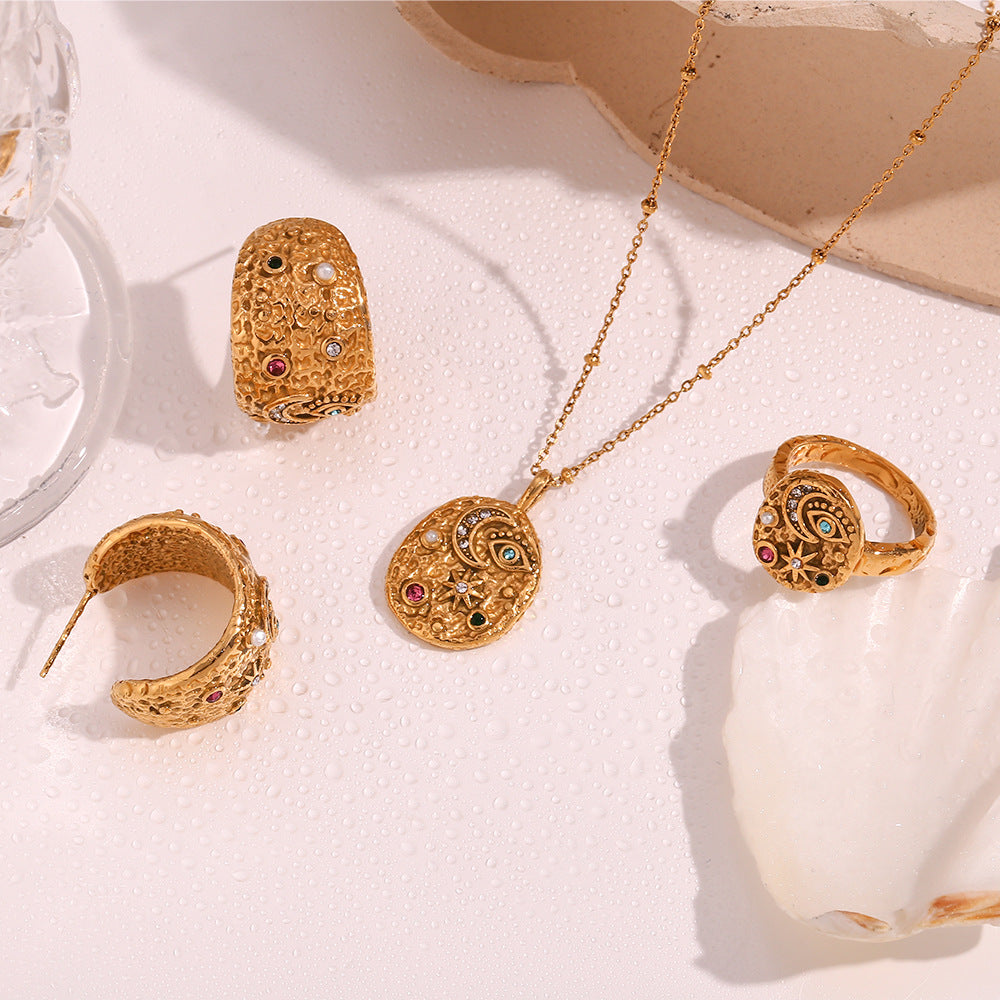 European and American niche personality explosive earring ring set stainless steel plated 18K gold micro inlaid star moon circular necklace for women