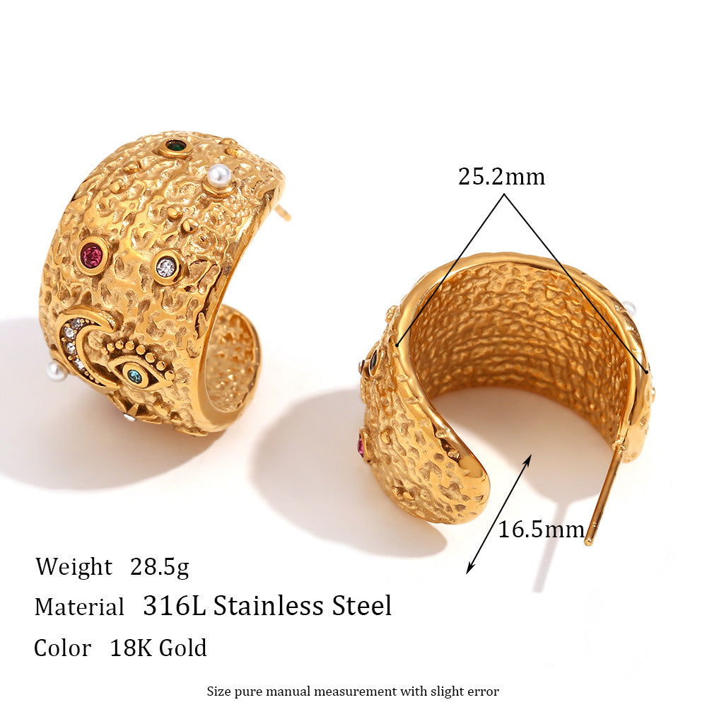 European and American niche personality explosive earring ring set stainless steel plated 18K gold micro inlaid star moon circular necklace for women