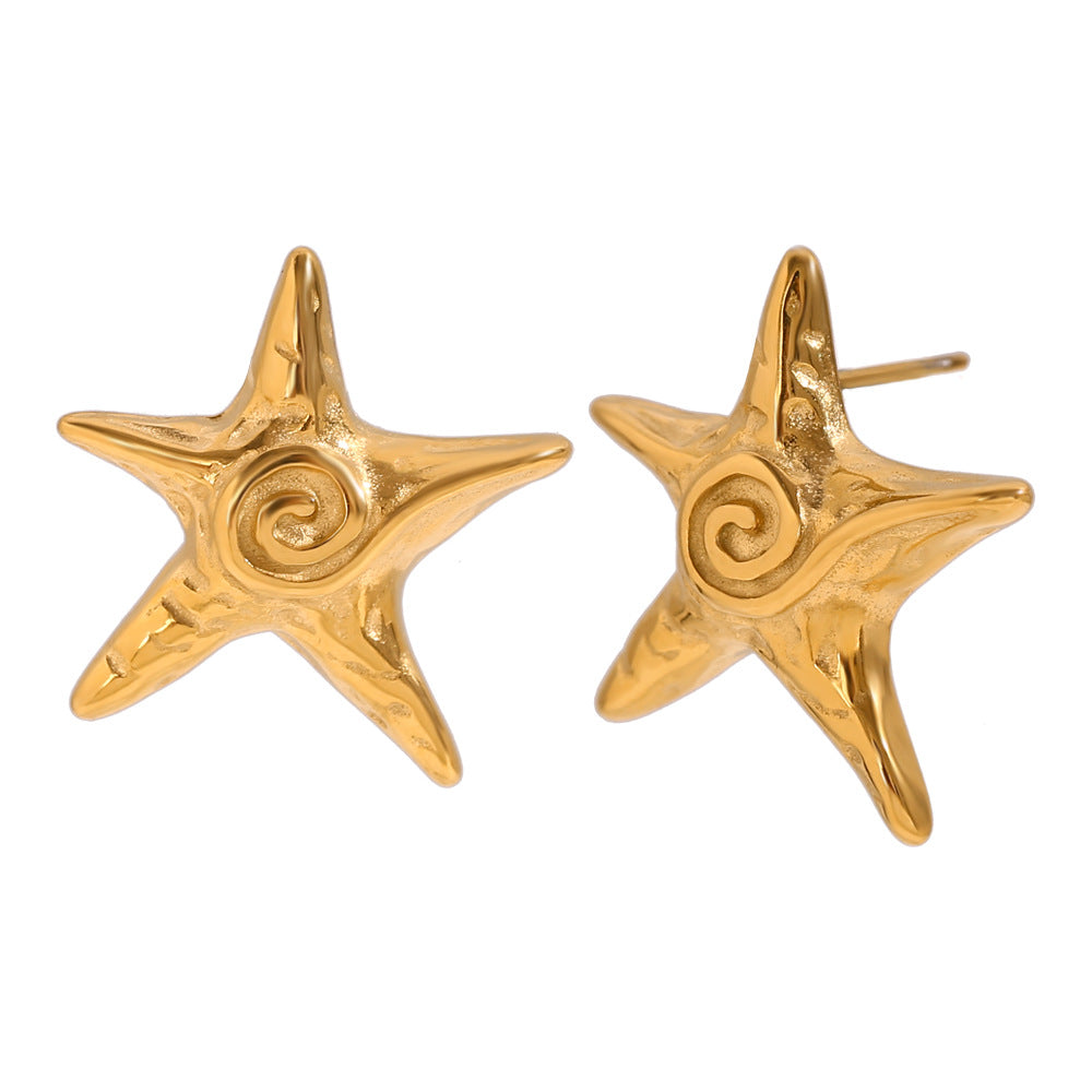European and American temperament, personality, retro hammer pattern earrings, stainless steel plated 18K gold starfish Fried Dough Twists chain necklace