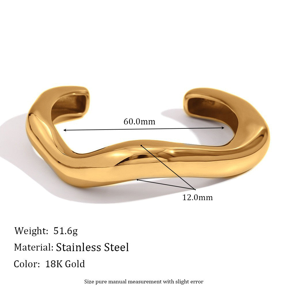 Minimalist and niche temperament, stainless steel plated with 18K exaggerated irregular liquid wave opening bracelet for women