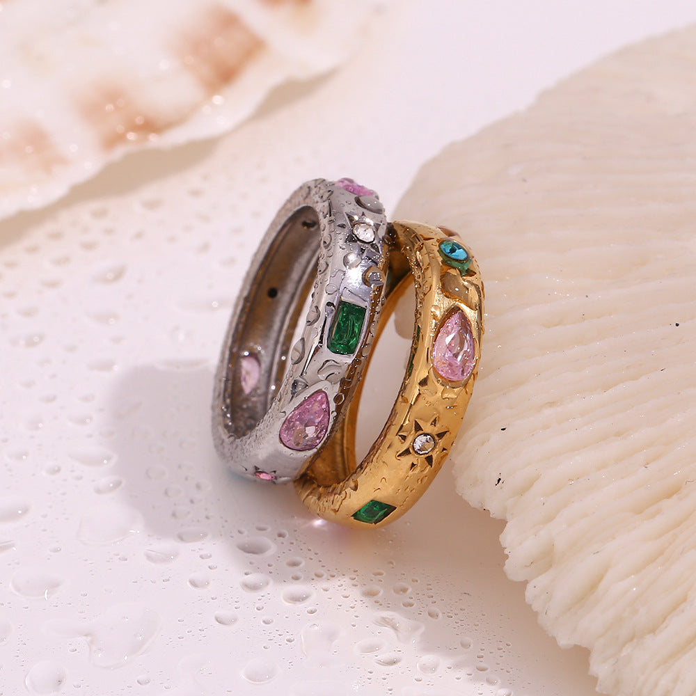 European and American niche retro handmade stainless steel plated 18K gold rectangular droplet geometric colored zircon ring for women